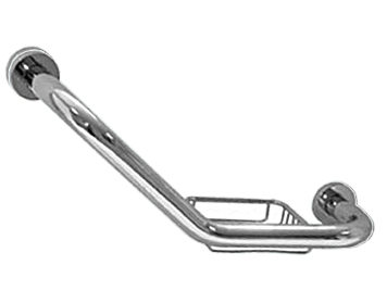Angled Grab Rail With Wire Soap Dish, 25mm Dia Bar, 400mm Long, Chrome Finish - 80023